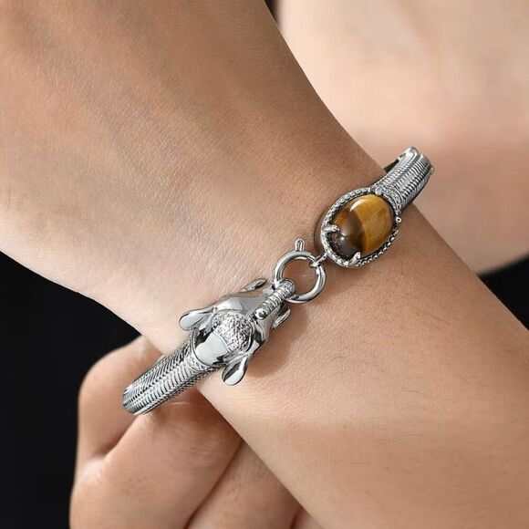 Tigers Eye 6.10 ctw Silver Bangle Bracelet Elephant Design 7.25 In New - Picture 3 of 6